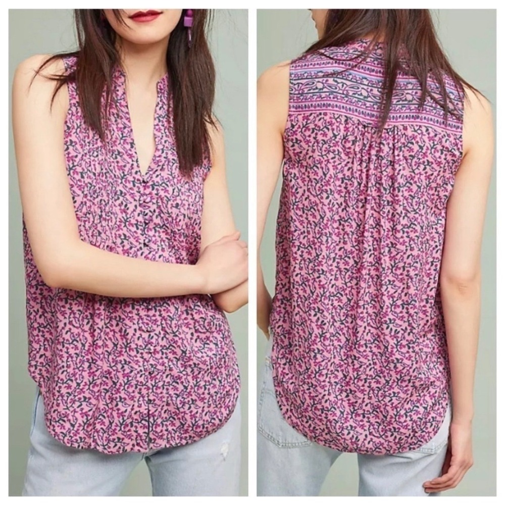 Maeve Anthropologie Pink Floral Paisley Pintuck Sleeveless Blouse XS High Low